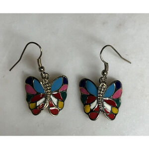 Butterfly Enamel & Metal Earrings Dangle Colorful Rainbow Gold Tone Curved 3/4”L